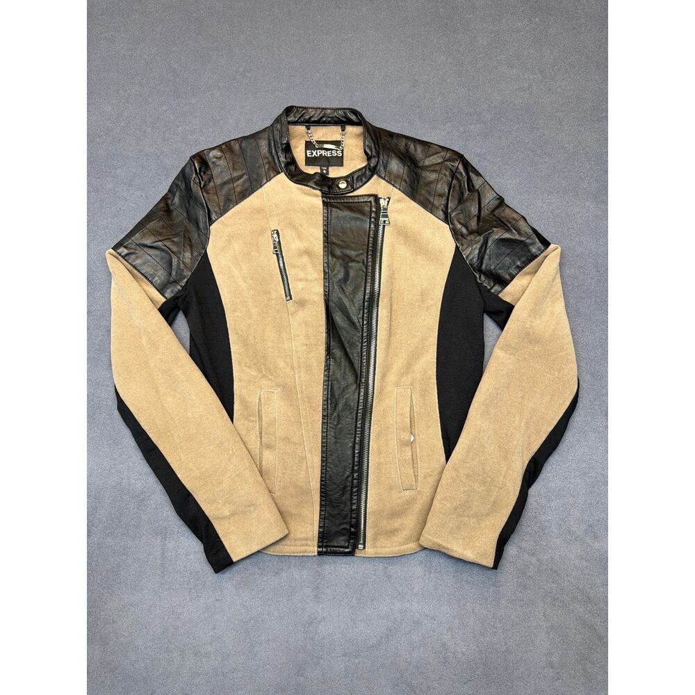 Express Two Toned Beige and Black Leather Full Zip Blazer Jacket Poly Women Med